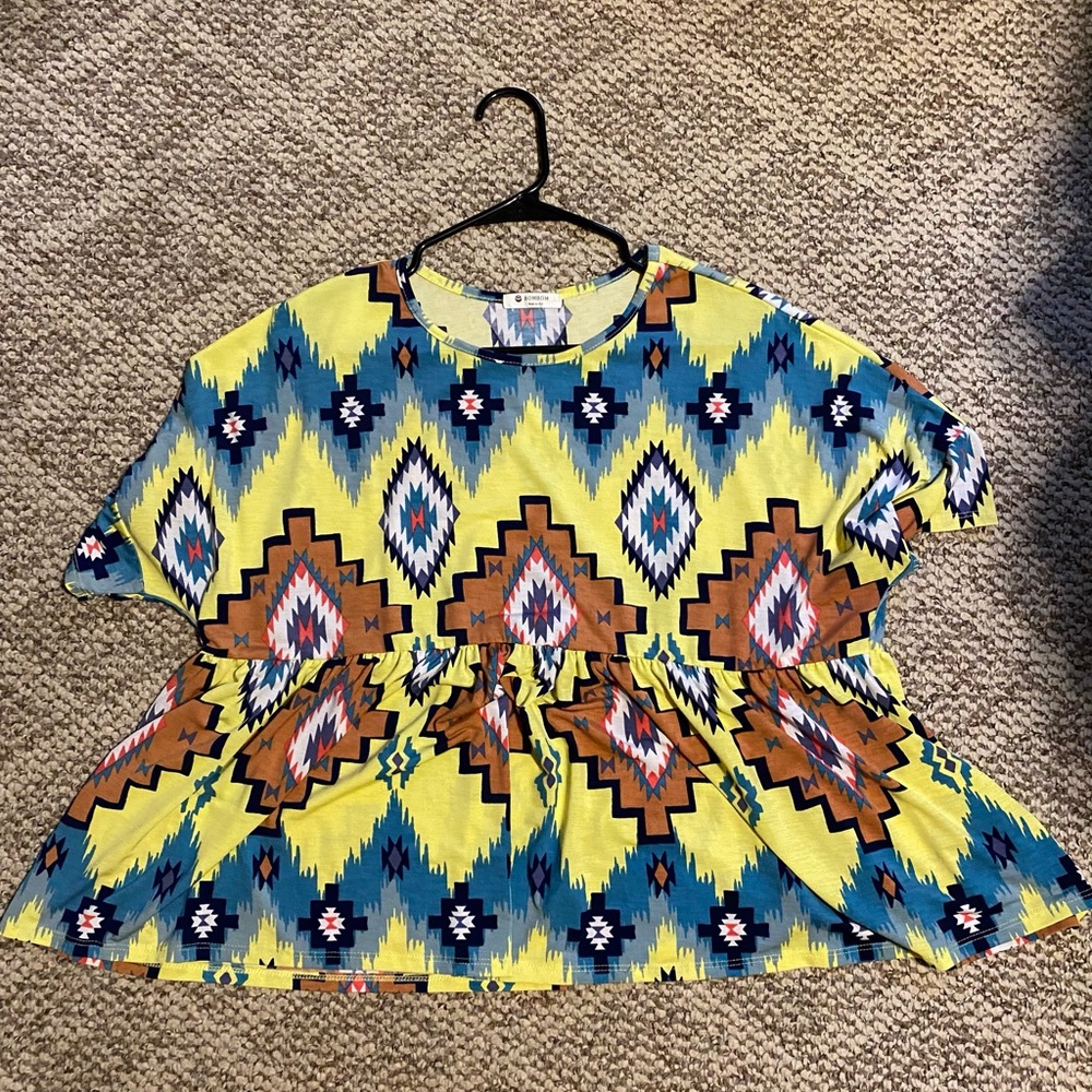 Aztec peplum blouse. BomBom brand.